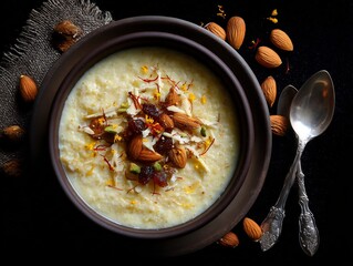 Hearty rice pudding topped with nuts and spices