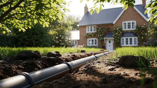 Laying a New Sewer Pipe Suburban Home Construction Scene