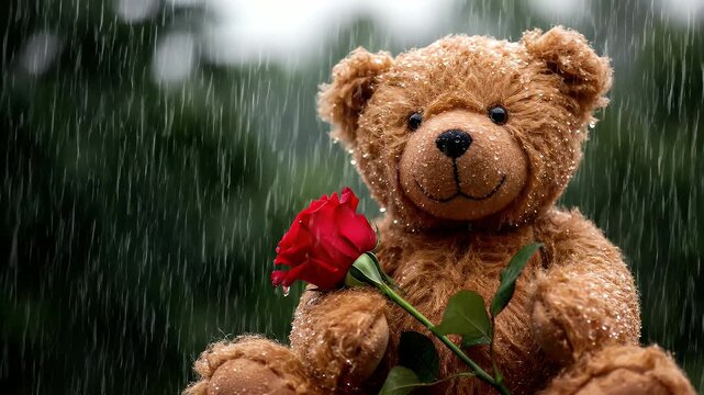 A lonely teddy bear holding a red rose in the rain.