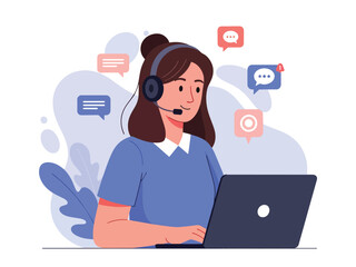 Customer service. Woman with headphones and microphone with laptop. Concept illustration for support, call center.