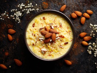 Delicious indian rice pudding topped with almonds and garnished with flowers