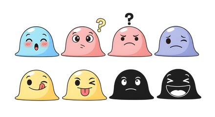 A collection of colorful cartoon jelly-like characters expressing various emotions and feelings.