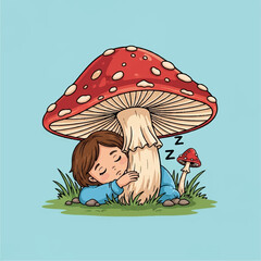 Adorable cartoon child sleeping peacefully under a giant red toadstool, hugging the stem in a magical fairytale dream
