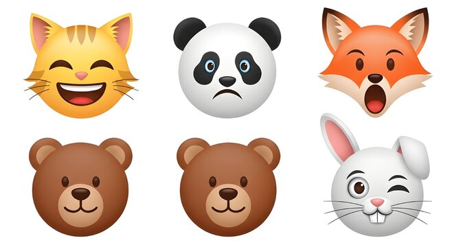 A collection of six expressive animal emoji faces including a cat, panda, fox, bear, and rabbit on a white background.
