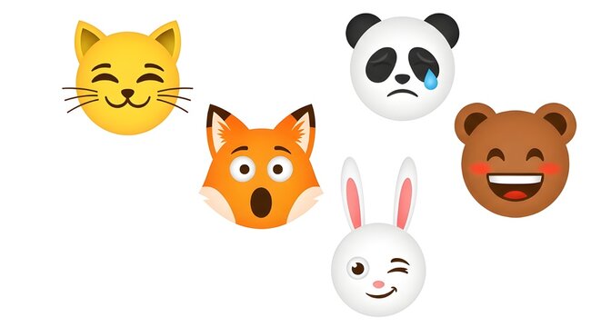 A collection of five cute animal emoji faces expressing various emotions like happiness, sadness, and surprise.