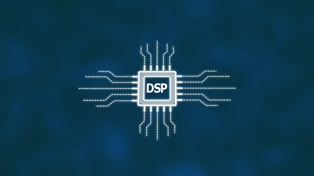 Digital Signal Processing Microchip Technology Concept with Electronic Circuit Lines and High-Tech Processor Layout for Modern Engineering and Computing Systems.
