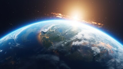 Sunrise Over Planet Earth From Space With Atmosphere Glow.