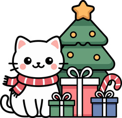 Charming holiday kitty beside a decorated Christmas tree and presents for festive cheer