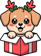 Adorable cartoon puppy wearing reindeer antlers popping out of a Christmas gift box