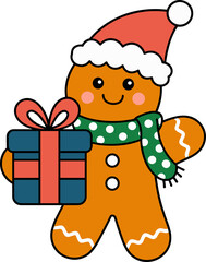 Cute gingerbread man wearing a Santa hat and scarf with a gift for a festive celebration