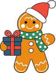 Fototapeta premium Charming gingerbread man with Santa hat carrying a festive gift box for Christmas joy