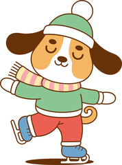 Whimsical puppy skating happily with a cozy hat and scarf, cartoon illustration fun