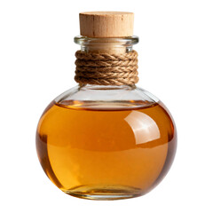Round Glass Bottle with Amber Liquid and Cork Stopper Isolated on Transparent Background