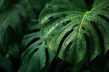 Fototapeta premium Dark and moody close-up of large monstera leaves with wet glossy texture and low key lighting that enhances the deep green tones and vibes.