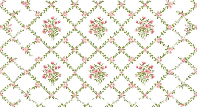 An elegant seamless pattern with a delicate lattice of green leaves and pink roses, featuring small floral bouquets on a white background.