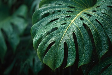 Fototapeta premium Dark and moody close-up of large monstera leaves with wet glossy texture and low key lighting that enhances the deep green tones and vibes.