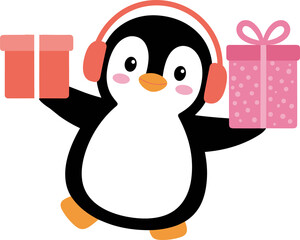 Delightful cartoon penguin wearing headphones, ready to deliver gifts for the holidays