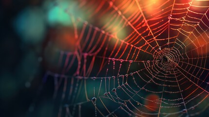 Close Up of a Dew Covered Spider Web with Bokeh Lights.