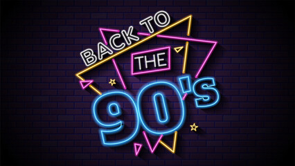 Neon sign reading back to the 90s. Back to the 90s neon lights set a vibrant nostalgic mood for events. Ideal for themed parties, advertisements, or retro designs.