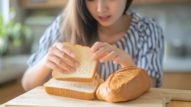 Woman Disappointed by Stale Bread, Food Quality Issues and Consumer Frustration in Kitchen Setting