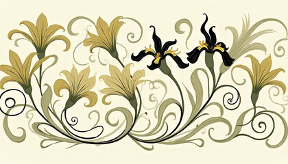 Floral design with black and gold flowers on a soft background  