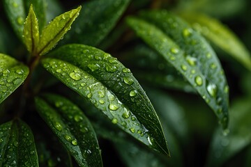 Detailed texture of fresh green leaves with water droplets on the surface showing deep shadows and highlights creating rich botanical tones.