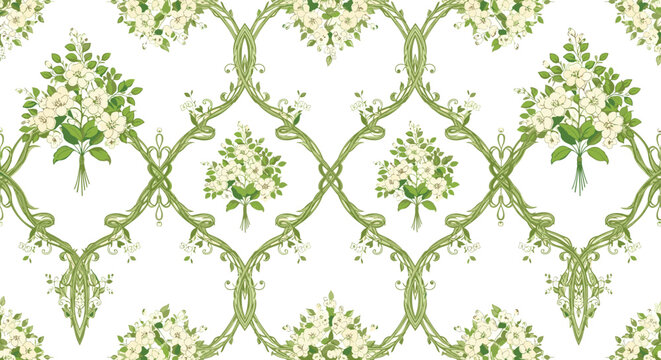 An elegant seamless pattern with a classic trellis of green vines and bouquets of white flowers on a clean white background.