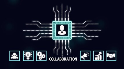Digital collaboration interface with teamwork connection, shared ideas and innovation icons for productivity, communication and business technology development. - Powered by Adobe