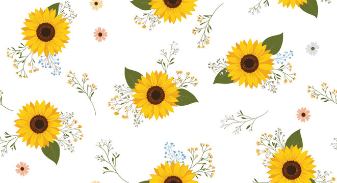A bright and sunny seamless pattern featuring bouquets of yellow sunflowers and delicate baby's breath on a clean white background.