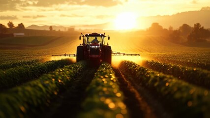 Tractor working on the agricultural field at sunset, Agriculture farming machinery, cultivating