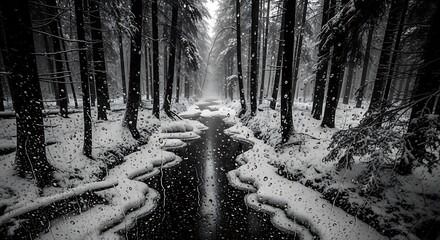 Black and white winter forest scene with a flowing stream and snow-covered banks.