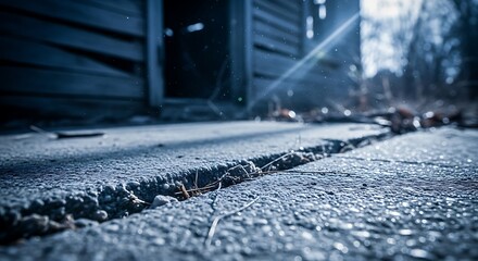 Close-up of a deep crack in weathered concrete with a blurred background.
