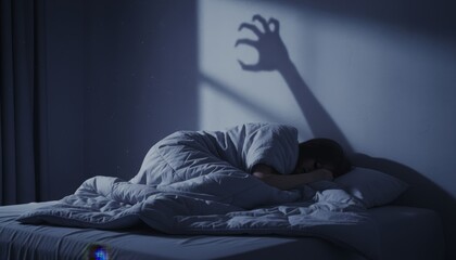 Fototapeta premium A person curled up in bed, covered by a blanket, while a shadow resembling a claw looms ominously on the wall, creating an eerie atmosphere.