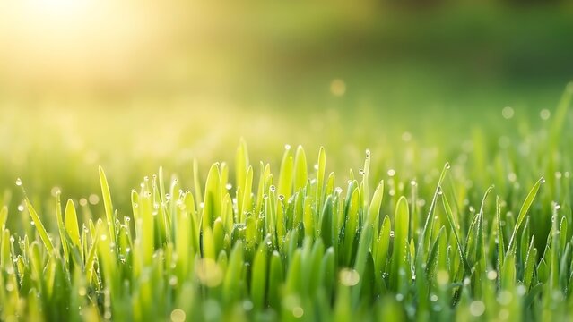Close up of green grass blades with water droplets glistening in the morning sunlight outdoors