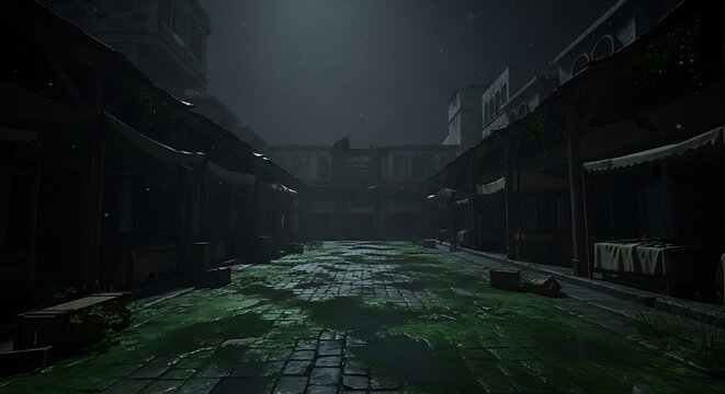 Dark and Eerie Alleyway with Mossy Ground and Overcast Sky.