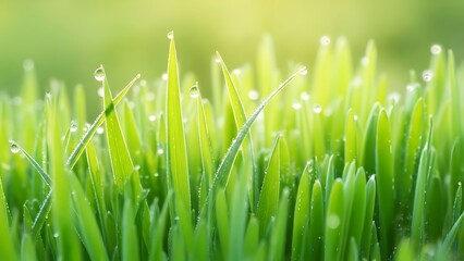Close up of bright green grass blades covered in water droplets glistening in the sunlight