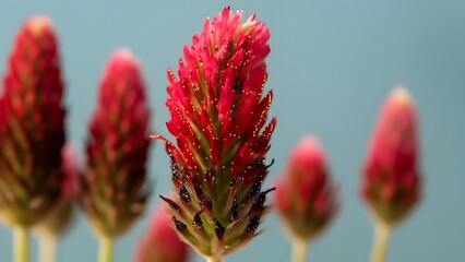 Close up of a vibrant red crimson clover flower with a soft blue background in a nature setting outdoors