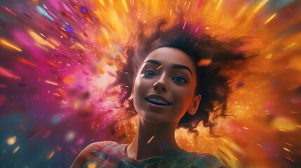Vibrant Explosion of Color Surrounds Joyful Woman.