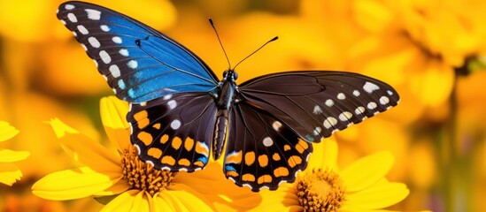 Close-up of a beautiful butterfly with blue and black wings resting on yellow flowers.