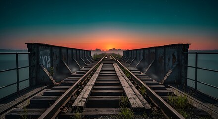 Fototapeta premium Old railway bridge at sunset with vibrant sky.