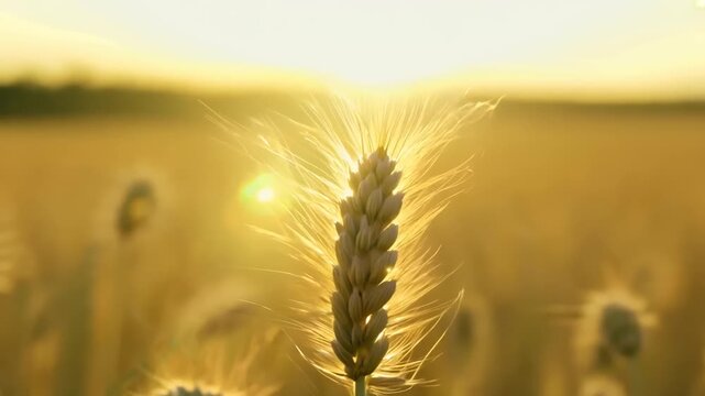 Close up Golden Sun Tall Stalk of Wheat in a Field at Sunset