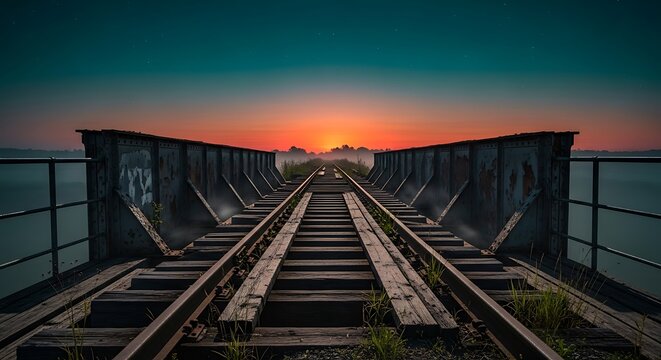Old railway bridge at sunset with vibrant sky.