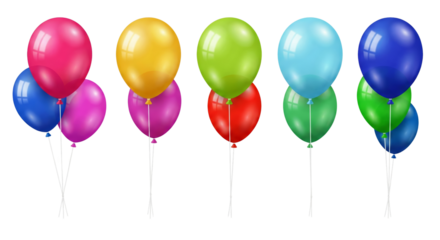 Festive array of colorful balloons with glossy finish, isolated on a clean transparent setting