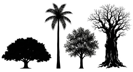 Elegant array of silhouetted tree illustrations against a transparent backdrop, artful and
