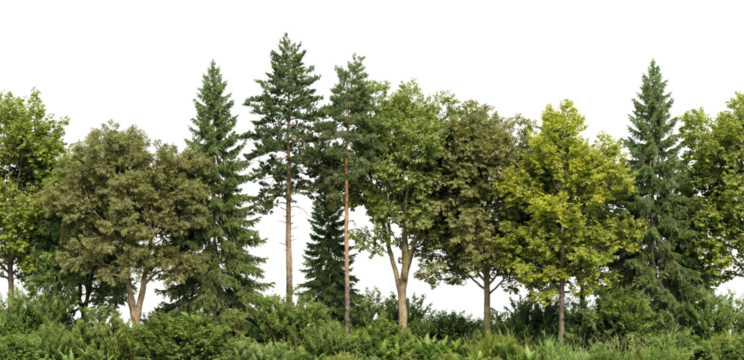 Lush foliage panorama with isolated trees and diverse vegetation on transparent canvas