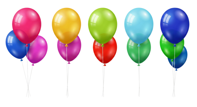 Festive array of colorful balloons with glossy finish, isolated on a clean transparent setting