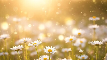 Daisies in a field bathed in golden sunlight with bokeh effect creating a dreamy atmosphere view