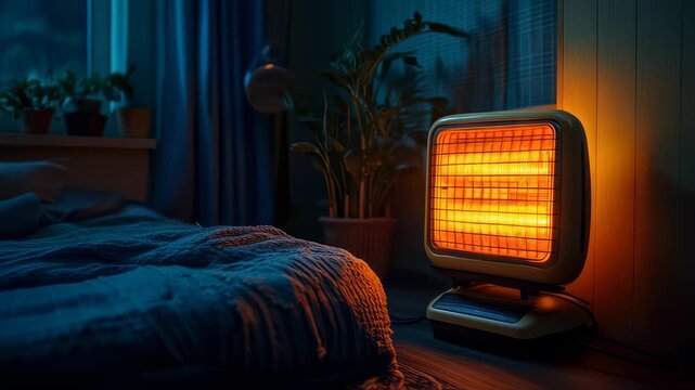 Cozy bedroom scene with retro heater glowing warmly, creating a comfortable atmosphere