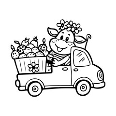 Funny cow drives a truck with dairy products. Cartoon comic cow with a flower in its mouth drives a truck with milk, cream and yogurt. Black and white illustration See Less
