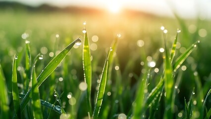 Close up of green grass blades with water droplets glistening in the morning sunlight in a field